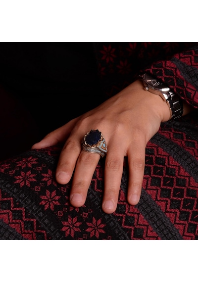 Gerçek Doğal Safir Taşlı Yüzük, 925 Ayar Gümüş Erkek Yüzüğü Gümüş