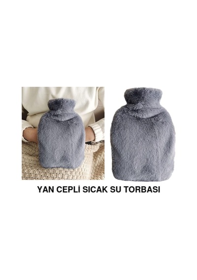 Sıcak Su Torbası Yan Cepli Gri Peluş Termofor 27x17x2cm 1 Litre Koyu Gri