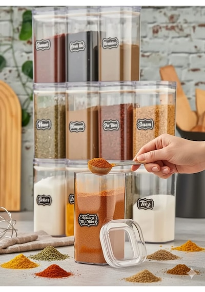 12'li 300ml Vakumlu Kapak Baharatlık Takımı - Sızdırmaz Conta - 25 Adet Etiket Hediyeli Şeffaf
