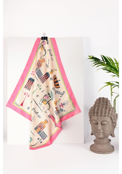 Inno 60x60 Cm Premium Saten Desenli Dikişli Fular Pembe