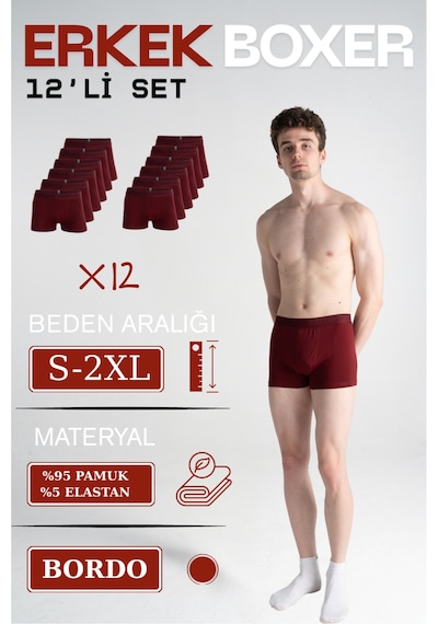 Mercan 12'li Erkek Bordo Boxer - Gün Boyu Nefes Alan Kumaş, Esneklik