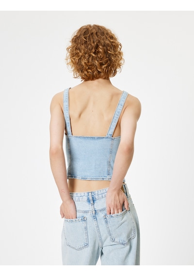 Koton Denim Üst Kalp Yaka Kolsuz Düğmeli Slim Fit Açık İndigo 4sal30057md