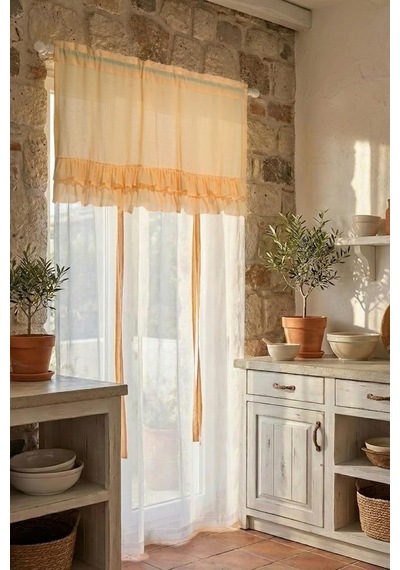 Cotton Maison Country Style Potlu Perde, 220 X 200, 4690, Sarı Çok Renkli