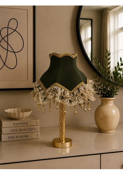 Haki Renk Sendi Kumaş Kaplı Gold Detay Vintage Abajur 45x27cm Hk00124
