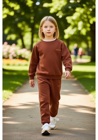 Frm Çocuklar İçin Konforlu Pamuklu Regular Kesim Sweatshirt Ve Eşofma Kahverengi