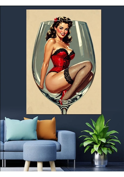 Şarap Kadehli Pin-up Kadın Dekoratif Kanvas - Mdf Ahşap Tablo