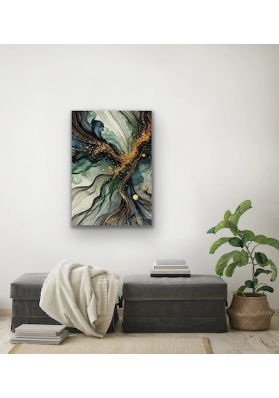 Yeşil Mavi Gold Soyut Kanvas Tablo 70x100cm Çok Renkli