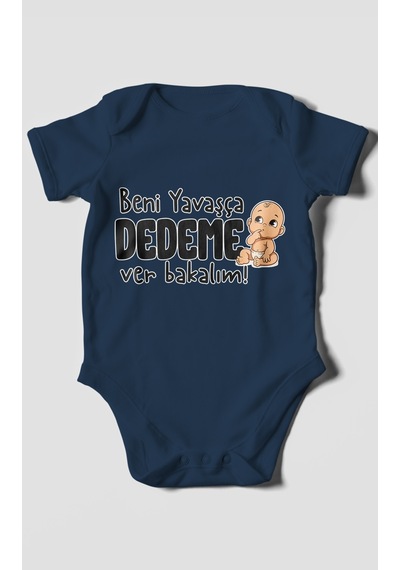 Morivokids Beni Yavaşça Dedeme Ver Bakalım Kısa Kollu Bebek Body %100 Pamuk Lacivert