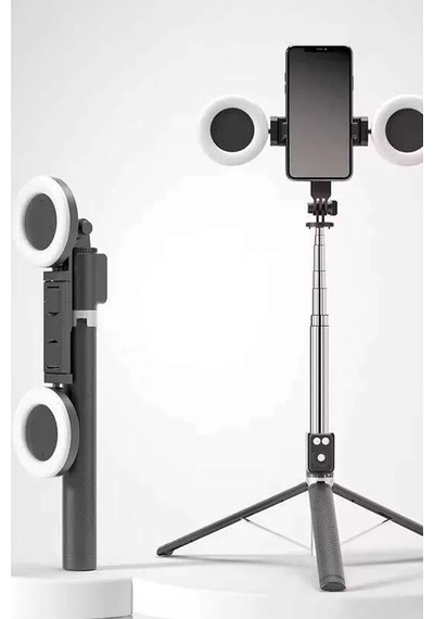 Çift Çıkarılabilir Led Işıklı Katlanabilir Tripod Selfie Çubuğu Akıllı Telefon İçin Ayrılabilir Dolgu Işıklı Taşınabilir Vlog Standı