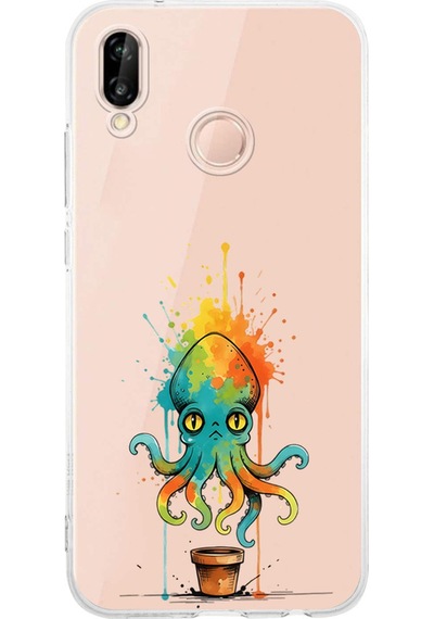 Huawei P20 Lite İle Uyumlu Splash Ahtapot Tasarımlı Şeffaf Silikon Kılıf Şeffaf