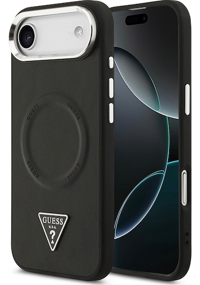 Apple Uyumlu iPhone 17 Air Kılıf Guess Lisanslı M-safeli Pu Deri Metal Kamera Çerçeveli Üçgen Logolu Siyah Siyah