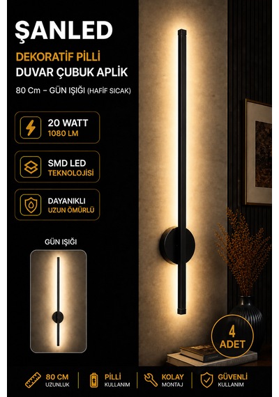 Dekoratif 20w İç Mekan Siyah Kasa Gün Işığı Rengi 80 Cm Duvar Aplik Pilli 4 Adet