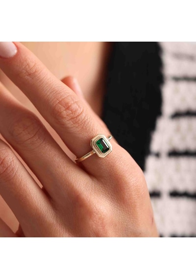 Altın Baget Yüzük Emerald T12869 Renkli