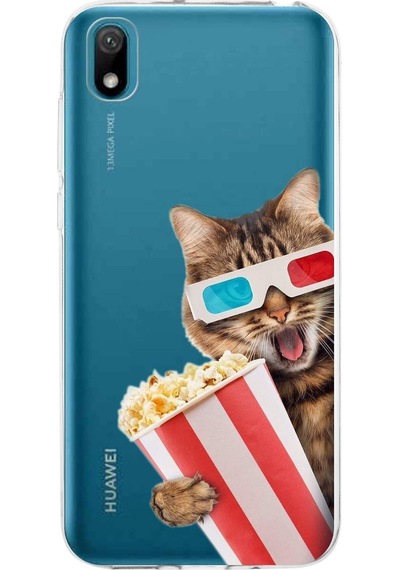 Huawei Y5 2019 İle Uyumlu 1mm Slim Fit Kedi 1 050b Baskılı Şeffaf Kılıf Şeffaf