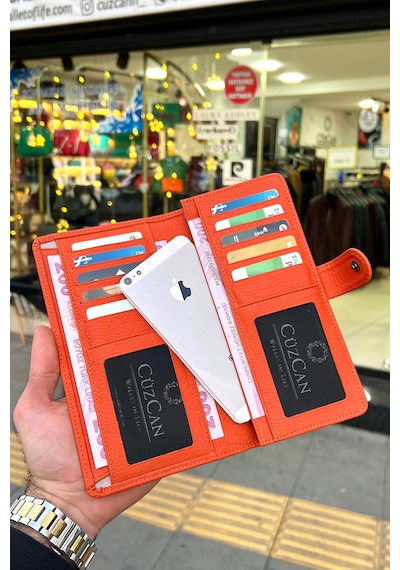 Creen Turuncu Unisex Hakiki Deri Telefon Gözlü Cüzdan Sevgililer Günü Hediyesi Erkek-kadın Turuncu