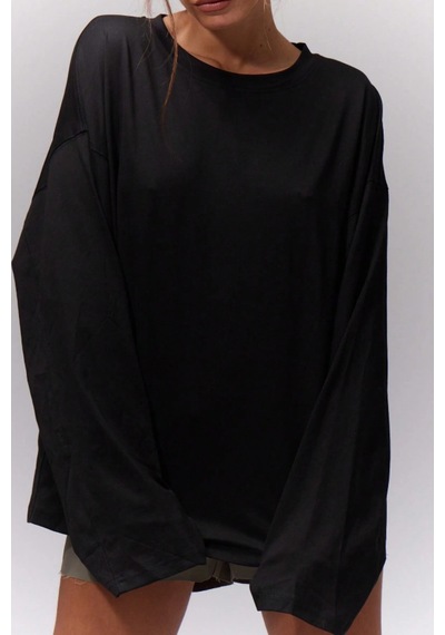 Cool Tarz Kadın %100 Pamuk Bisiklet Yaka Oversize Fit Uzun Kollu T-shirt Siyah Siyah
