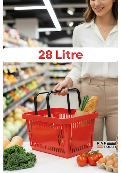 28 Litre Plastik Market Alışveriş Sepeti Saplı Dayanıklı Market Mağaza El Sepeti Kırmızı