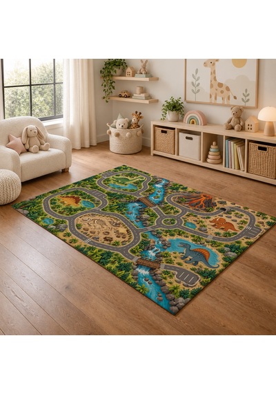 Kartela Halı Dinozor Yolları Çocuk Oyun Halısı Kaymaz Dot Taban Yıkanabilir 160 X 240 Cm