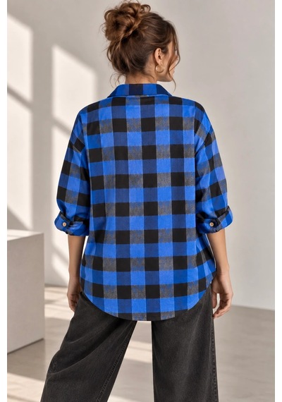 Bb Butik Basic Kadın Ekose Gömlek Oversize Oduncu Gömlek Uzun Kollu Cepli Günlük Tr0935 Mavi