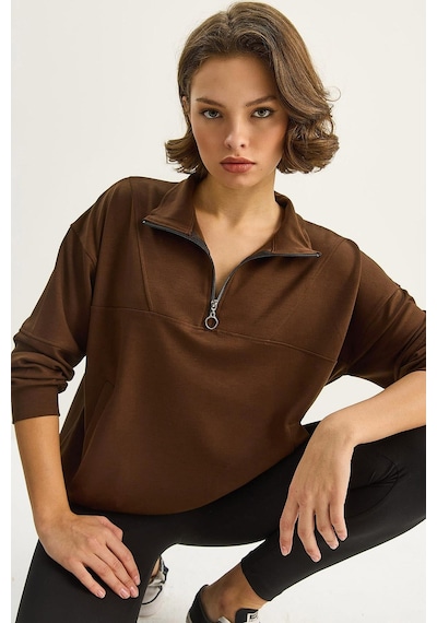 Shade Kadın Dik Yaka Yarım Fermuarlı Cep Detaylı Oversize Modal Sweatshirt 60601053 - Acı Kahve Çok Renkli