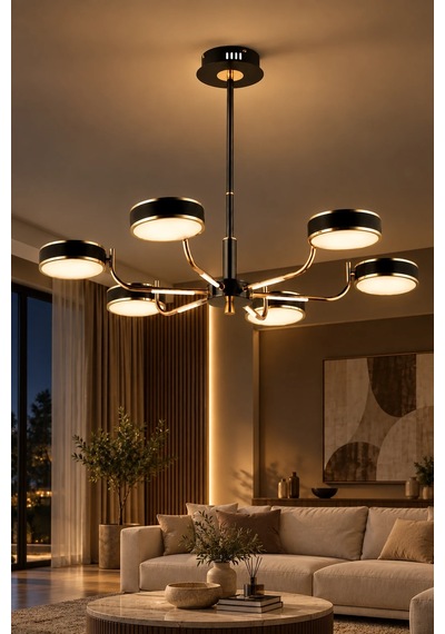 Modern Premium Led 6'lı Siyah Gold Sarkıt Avize Salon Oturma Odası Mutfak Yatak Odası Avizesi 54w