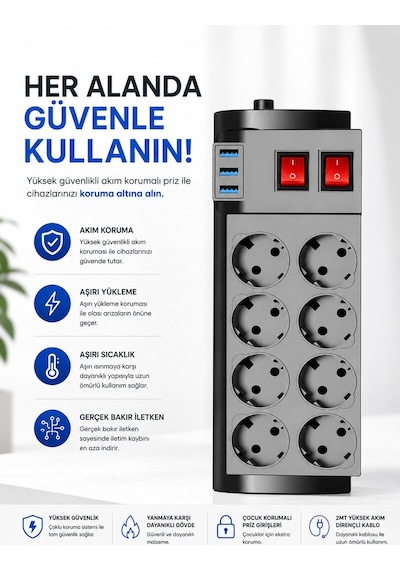 Ftr-08 4000w 16a Akım Korumalı 2 Anahtarlı 8'li Priz, 3 Usb Portl