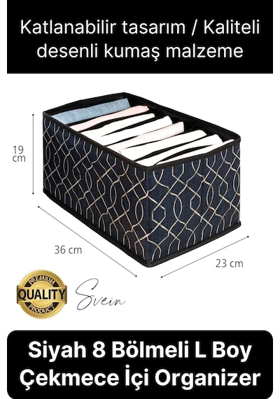 Çok Amaçlı Siyah 8 Gözlü Çekmece Dolap İçi Düzenleyici Organizer Büyük Large Boy Tshirt El Havlusu Çok Renkli