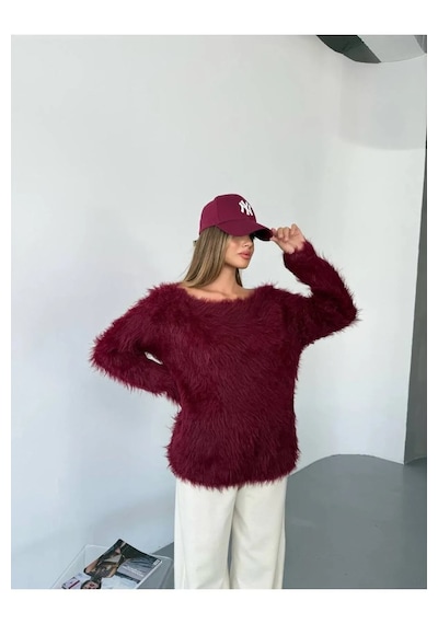 Kechi Woman Tüylü Triko Kazak Bordo