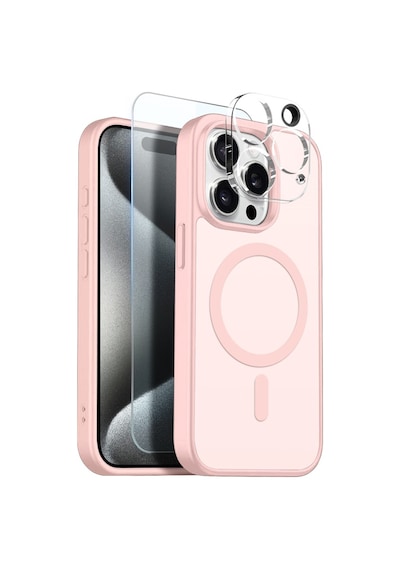 Teleplus Apple Uyumlu iPhone 15 Pro Max Kılıf Babet Translucent 3in1 Msafe Şarj Özellikli Kapak + Ekran Koruyucu Pembe