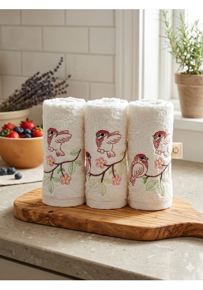3 Lü Nakışlı Mutfak Havlusu Seti 30x50 Cm Kutulu Hediyelik Pamuk Havlu Takımı Krem