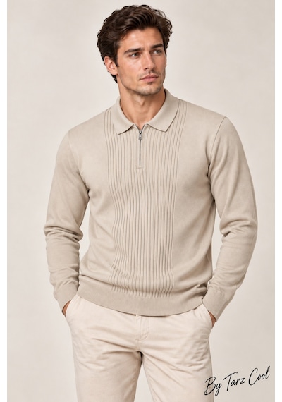 Erkek Polo Yaka Yarım Fermuarlı Önü Fitilli Slim Fit Akrilik Pamuk Triko Kazak Bej