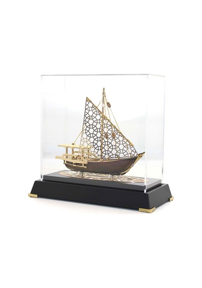 Pirinç Yelkenli Gemi Altın Kaplama Katar Dhow Teknesi Deri Kutulu 23cm No.2