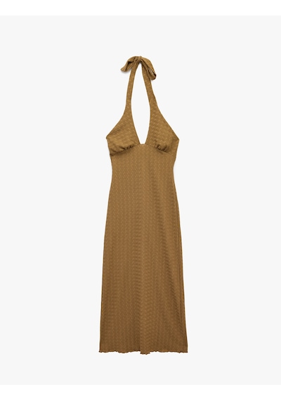 Koton Bürümcük Kumaş Dokulu Slim Fit Boyundan Bağlamalı Derin V Halter Yaka Midi Elbise Kahverengi 6sak80235ek Kahve