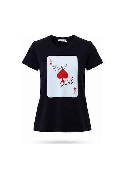 Kadın Siyah Poker Kartı Baskılı Pamuk T-shirt Siyah