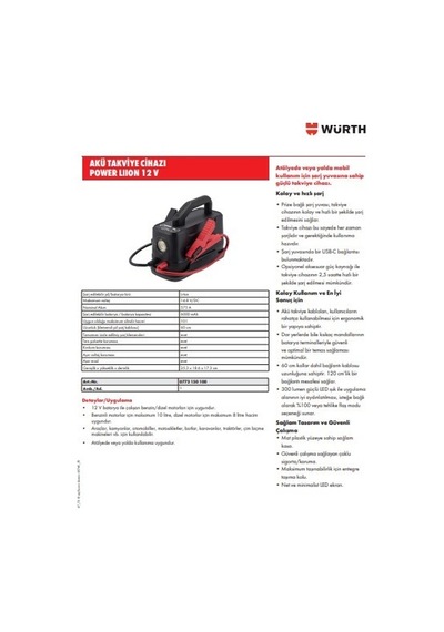 Würth Akü Takviye Cihazı Jump Starter 12v Li-ion Power: Gücünüz Hiç Bitmesin