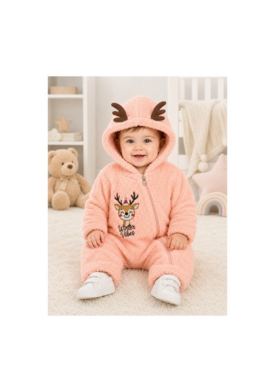 Tatlı Geyik Nakışlı Welsoft Peluş Kapüşonlu Fermuarlı Kışlık Unisex Bebek Tulumu 40212 Somon