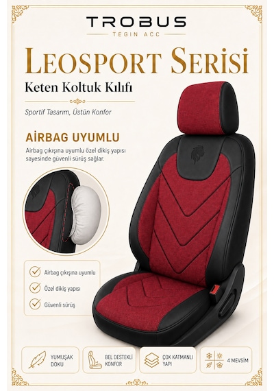 Renault Fluence 2010 Sonrası Uyumlu Leosport Serisi Kırmızı Siyah Ortopedik Keten Koltuk Kılıfı