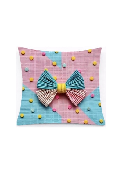 3d Renkli Düğme Ve Gökkuşağı Fiyonk Detaylı Dekoratif Kırlent Kılıfı 45x45 Cm Pastel Pembe Mavi