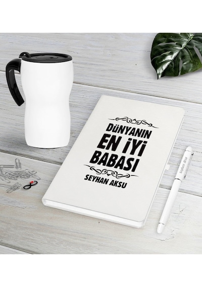 Kişiye Özel Dünyanın En İyi Babası Beyaz Defter Kalem Termos Mug Seti-6