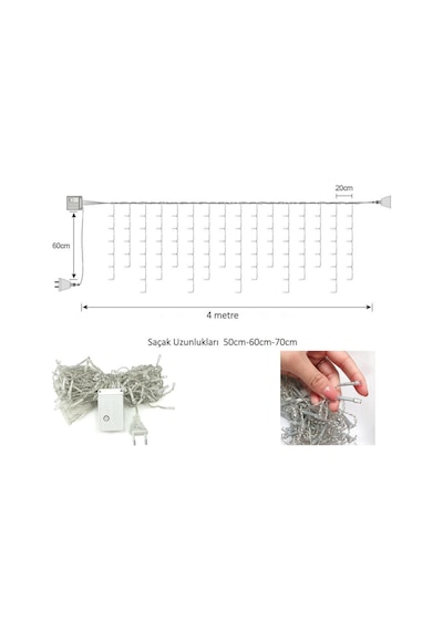 Trendpoint 4 Metre 8 Fonksiyonlu Perde Led 96 Ledli Saçaklı Kablolu Fişli 50 x 60 x 70 CM