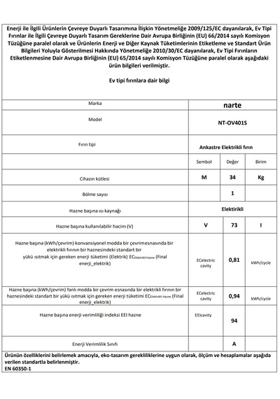 Narte NT-OV401S 73 L Ankastre Fırın Gri