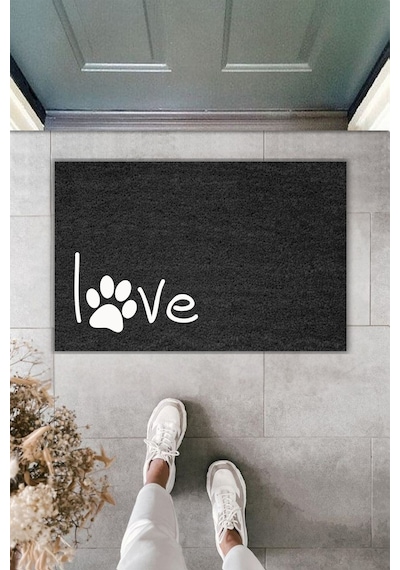 Rugmood Modern Dijital Baskı Paspas - Patili Love - Kapı Önü Paspası 70x45cm Siyah