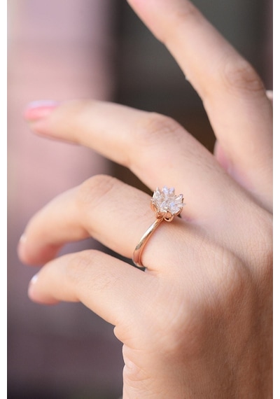 14k Rose Altın Kaplama Beyaz Zirkon Taşlı Lotus Çiçeği Kadın Yüzük Beyaz
