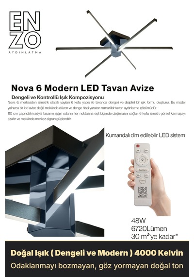 Nova 6 Füme Led Tavan Avize Kumandalı Dim Edilir Aşağı Işık Doğal Işık