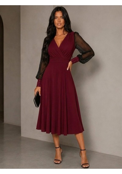 Bhrwear Kadın Uzun Kollu Kruvaze Yakalı Kollar Tül Detaylı Incili Midi Viskon Elbise Renkli