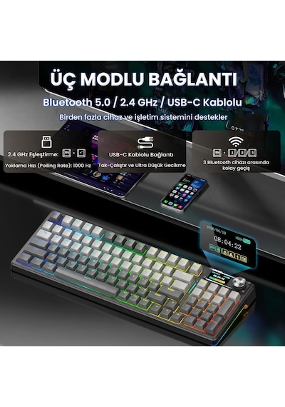 Aula F98 Pro V3 Oled Ekranlı Crystal Switch Makrolu Kablosuz Rgb Hot-swap Gasket Pre-lubed Switch Mekanik Klavye Gradyan Gri
