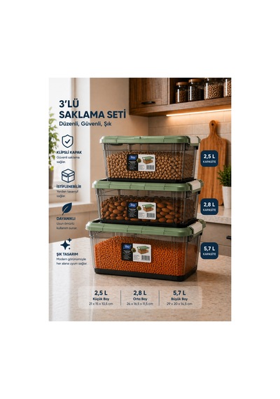 Emilahome Stack Box -3'lü Saklama Kabı Klipsli 2,5 Lt-2,8 Lt-5,7 Lt Yeşil - 869197418 Yeşil