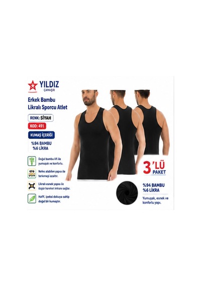 Yıldız Çamaşır Erkek Bambu Sporcu Likralı Atlet 490-491-492 - 3 Adet Siyah