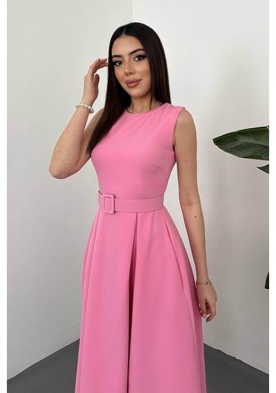 Duygudan Pembe Halter Yaka Kloş Elbise - Pembe Çok Renkli