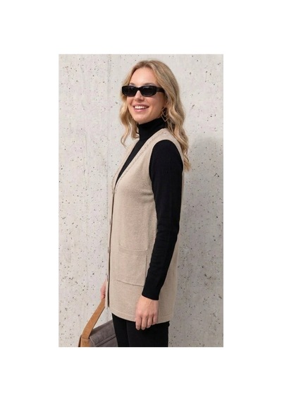 Onno Style Women Yakası Taşlı Çelik Örgü Triko Kadın Yelek Krem